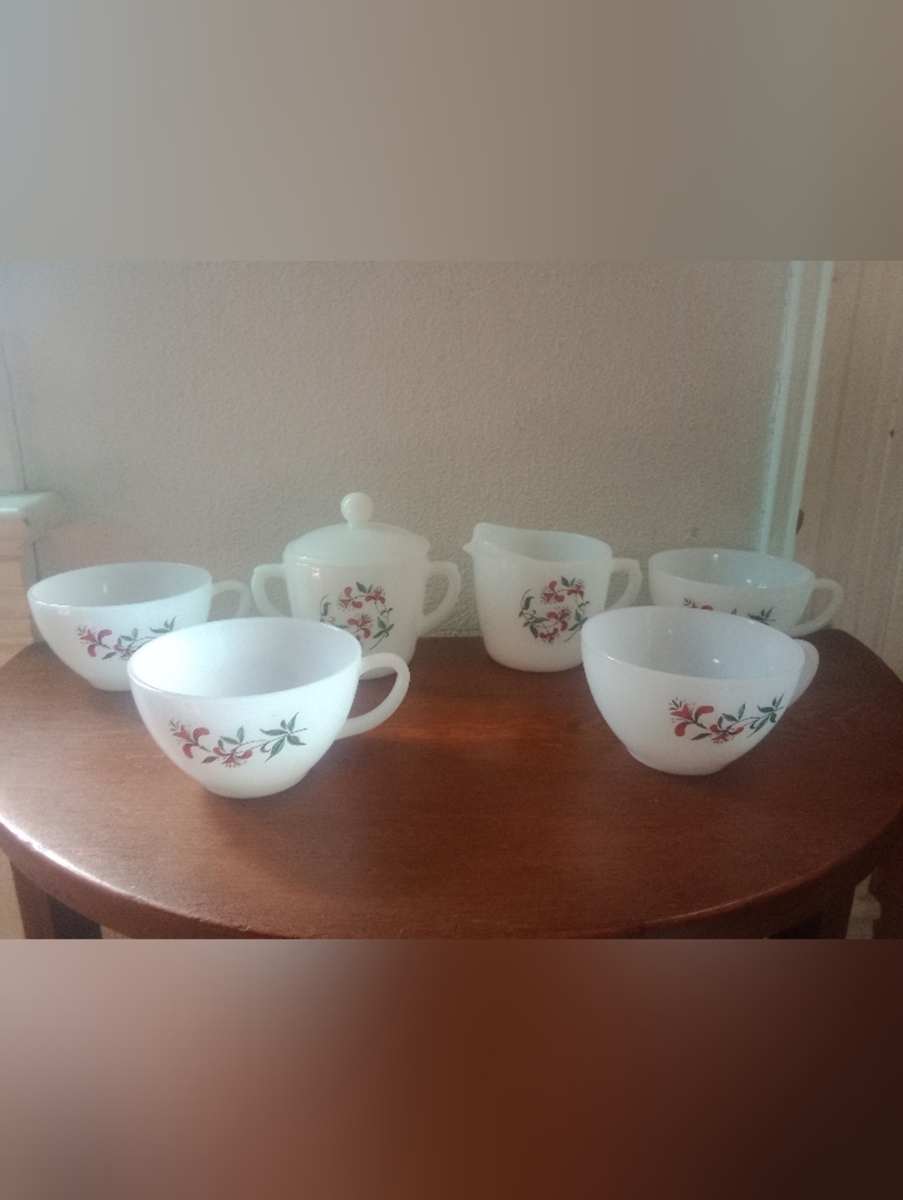 Vintage Fire King Honeysuckle Floral Flower Tea Coffee Cup Set Creamer Sugar